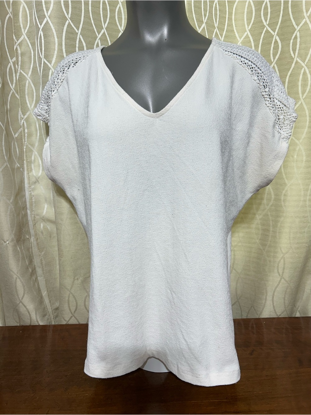 Women's White V-Neck Crochet Shoulder Blouse